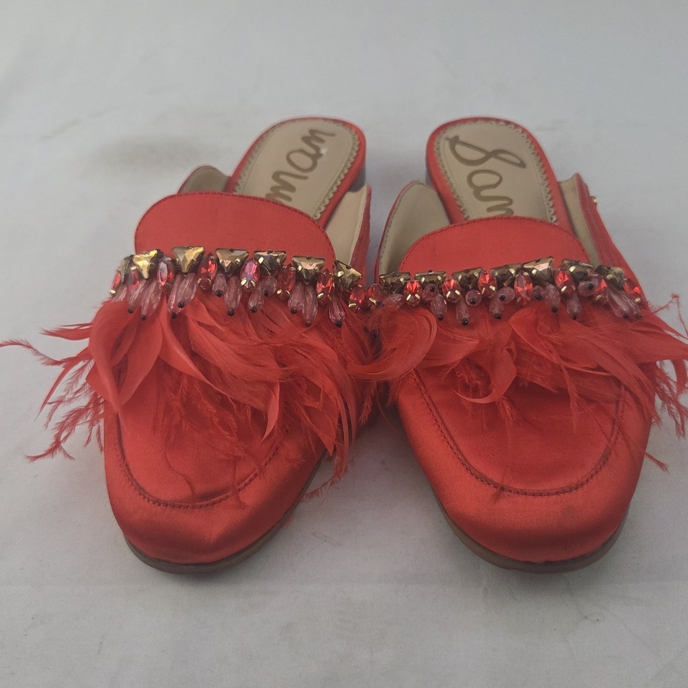 Sam Edelman Mules Womens Size 7.5 M Red Satin Feather Embellished Slip On Shoes - Picture 5 of 8